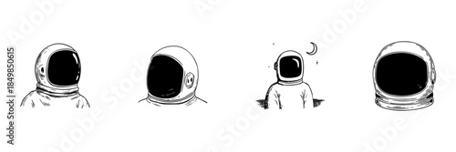 Astronaut Helmet And Space Exploration Doodle Sketch Set. Cosmic Adventure And Outer Space Discovery In Hand Drawn Style Collection. Universe Exploration. Isolated Vector Illustration