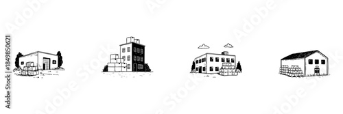 Warehouse And Factory Buildings Doodle Sketch Set. Industrial Storage And Manufacturing Facilities In Hand Drawn Style Collection. Logistics And Supply Chain Management. Isolated Vector Illustration