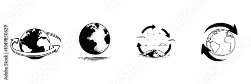 Earth Rotation And Global Cycle Doodle Sketch Set. Planetary Movement And Environmental Sustainability In Hand Drawn Style Collection. Arrows Indicating Global Dynamics. Isolated Vector Illustration