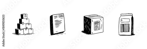 Stacked Boxes And Packaging Doodle Sketch Set. Shipping, Logistics, And Product Packaging Concepts In Hand Drawn Style Collection. E-Commerce And Retail Illustration. Isolated Vector Illustration