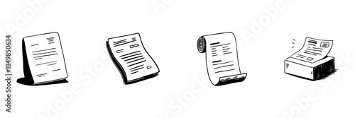 Documents And Printer Doodle Sketch Set. Office Paperwork, Printing, And Document Management In Hand Drawn Style Collection. Business And Administrative Tasks. Hand Drawn Isolated Vector Illustration