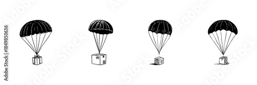 Parachute Delivery Boxes Doodle Sketch Set. Airborne Package Shipping And Logistics In Hand Drawn Style Collection. Aerial Cargo Transport And Supply Chain. Isolated Vector Illustration