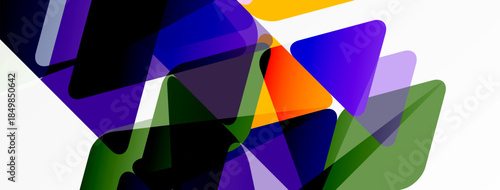 Abstract composition featuring overlapping translucent shapes. Colors include purple, blue, green, orange, yellow, white. Modern design elements present.