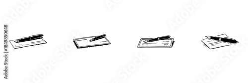 Fountain Pen And Check Doodle Sketch Set. Financial Transactions And Payment Methods In Hand Drawn Style Collection. Banking And Personal Finance. Hand Drawn Isolated Vector Illustration