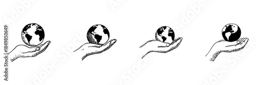 Hand Holding Earth Doodle Sketch Set. Global Responsibility, Environmental Care, And Sustainability In Hand Drawn Style Collection. Planet Protection Concept. Isolated Vector Illustration