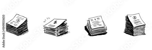 Stacks Of Financial Documents Doodle Sketch Set. Business Paperwork, Accounting, Financial Management In Hand Drawn Style. Economic Analysis And Budget Planning. Isolated Vector Illustration