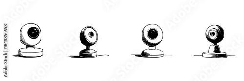 Webcam Doodle Sketch Set. Video Conferencing, Online Communication, And Digital Interaction Tools In Hand Drawn Style Collection. Isolated Vector Illustration