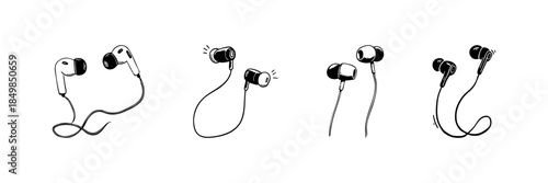 Earphones And Earbuds Doodle Sketch Set. Audio Listening Devices And Personal Sound Accessories In Hand Drawn Style Collection. Music And Technology Illustration. Isolated Vector Illustration