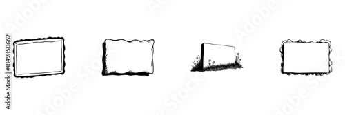 Rectangular Stone Tablet Doodle Sketch Set. Ancient Inscription, Memorial Historical Marker In Hand Drawn Style Collection. Decorative Borders And Floral Elements. Isolated Vector Illustration