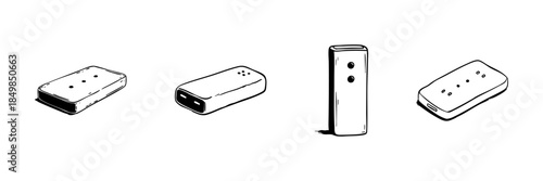 Portable Power Bank Doodle Sketch Set. Mobile Charging Device And Battery Backup In Hand Drawn Style Collection. Essential Gadget For On-The-Go Power. Hand Drawn Isolated Vector Illustration