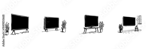 Television And Plant Doodle Sketch Set. Home Entertainment And Interior Design Elements In Hand Drawn Style Collection. Cozy Living Room Decor. Hand Drawn Isolated Vector Illustration