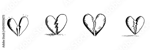 Broken Heart Doodle Sketch Set. Emotional Heartbreak And Relationship Challenges In Hand Drawn Style Collection. Love And Loss Symbolism. Isolated Vector Illustration