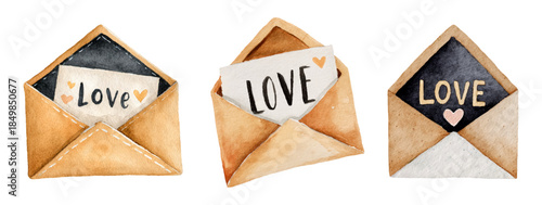 Set of three vintage-style envelopes with handwritten “LOVE” cards peeking out, displayed in warm neutral tones. Minimalistic romantic concept symbolizing love letters, affection,.