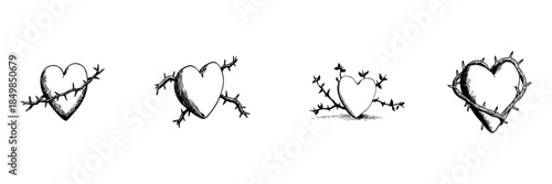 Heart With Thorns Doodle Sketch Set. Symbol Of Love, Pain, And Emotional Struggle In Hand Drawn Style Collection. Romantic And Heartbreak Concept. Isolated Vector Illustration