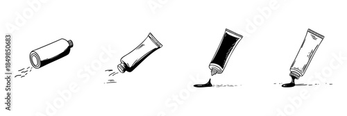 Toothpaste Tube Doodle Sketch Set. Dental Hygiene, Oral Care, And Toothpaste Usage In Hand Drawn Style Collection. Illustrates Squeezing And Dispensing. Hand Drawn Isolated Vector Illustration