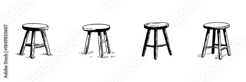 Four Wooden Stools Doodle Sketch Set. Rustic Furniture And Seating Arrangement In Hand Drawn Style Collection. Interior Design And Home Decor Elements. Isolated Vector Illustration