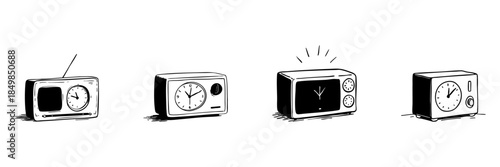 Retro Television And Clock Doodle Sketch Set. Vintage Broadcast And Timekeeping Devices In Hand Drawn Style Collection. Nostalgic Media And Time Concept. Isolated Vector Illustration