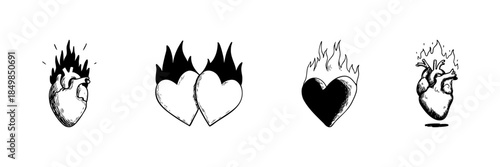 Flaming Heart Doodle Sketch Set. Passion, Love, And Intensity Symbolism In Hand Drawn Style Collection. Romantic And Emotional Expression. Hand Drawn Isolated Vector Illustration