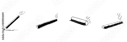 Pencil And Cigarette Doodle Sketch Set. Writing, Smoking, And Relaxation Concepts In Hand Drawn Style Collection. Artistic And Lifestyle Elements. Hand Drawn Isolated Vector Illustration