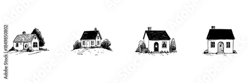 Charming Cottage Homes Doodle Sketch Set. Cozy Residential Architecture And Countryside Living In Hand Drawn Style Collection. Vintage Aesthetic. Hand Drawn Isolated Vector Illustration