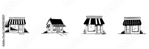 Small Retail Shops Doodle Sketch Set. Local Business, Boutique, And Storefront Illustrations In Hand Drawn Style Collection. Charming Neighborhood Shops. Hand Drawn Isolated Vector Illustration