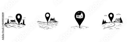 House Location Pin Doodle Sketch Set. Real Estate Navigation And Property Mapping In Hand Drawn Style Collection. Rural Landscape And Home Identification. Isolated Vector Illustration