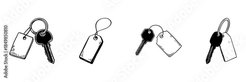Key And Tag Doodle Sketch Set. Security And Identification In Hand Drawn Style Collection. Keychain And Label Illustration For Organization And Access Control. Isolated Vector Illustration