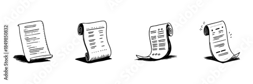 Scroll And Document Doodle Sketch Set. Vintage Paper, Manuscript, And Contract Representation In Hand Drawn Style Collection. Historical And Legal Themes. Isolated Vector Illustration