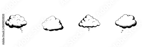 Cloud Thought Bubble Doodle Sketch Set. Creative Thinking, Imagination, And Brainstorming In Hand Drawn Style Collection. Conceptual Communication. Hand Drawn Isolated Vector Illustration