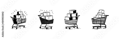 Shopping Carts Filled With Boxes Doodle Sketch Set. E-Commerce, Online Shopping, And Retail Logistics In Hand Drawn Style Collection. Delivery And Packaging. Isolated Vector Illustration
