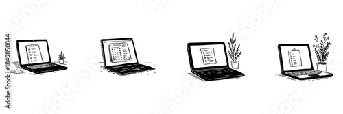 Laptops With Checklists Doodle Sketch Set. Digital Task Management And Productivity Tools In Hand Drawn Style Collection. Online Organization And Planning. Hand Drawn Isolated Vector Illustration