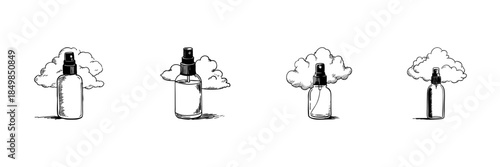Spray Bottle With Cloud Doodle Sketch Set. Fragrance, Air Freshener, And Aromatherapy Concept In Hand Drawn Style Collection. Scent Dispersion And Freshness. Hand Drawn Isolated Vector Illustration