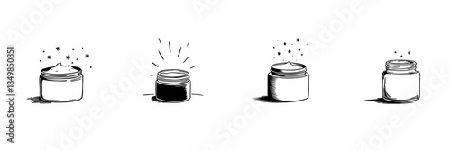 Open Cosmetic Jars With Sparkles Doodle Sketch Set. Beauty And Skincare Product Illustration In Hand Drawn Style Collection. Creams, Lotions, And Serums. Isolated Vector Illustration