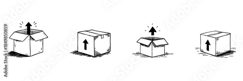 Open And Closed Cardboard Boxes With Arrows Doodle Sketch Set. Concept Of Unboxing, Shipping, And Delivery In Hand Drawn Style Collection. Logistics And Packaging. Isolated Vector Illustration