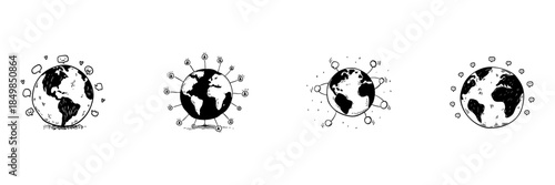 Earth With Communication Icons Doodle Sketch Set. Global Connectivity, Social Media Interaction, And Worldwide Networking In Hand Drawn Style Collection. Isolated Vector Illustration