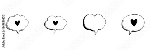 Heart In Speech Bubble Doodle Sketch Set. Love Communication And Emotional Expression In Hand Drawn Style Collection. Romantic And Affectionate Messaging. Hand Drawn Isolated Vector Illustration