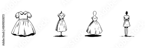 Vintage Dress Evolution Doodle Sketch Set. Fashion Transformation From Garment To Mannequin To Figure In Hand Drawn Style Collection. Retro Clothing Design. Hand Drawn Isolated Vector Illustration