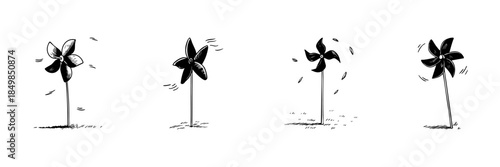 Pinwheel Doodle Sketch Set. Wind Energy And Playful Movement In Hand Drawn Style Collection. Symbol Of Childhood, Breeze, And Renewable Energy. Hand Drawn Isolated Vector Illustration
