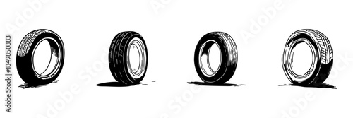 Tire Doodle Sketch Set. Automotive Wheel Design And Tread Pattern Illustration In Hand Drawn Style Collection. Vehicle Maintenance And Safety. Isolated Vector Illustration