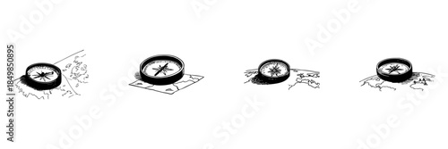 Compass Navigation Doodle Sketch Set. Exploration, Direction, And Travel Guidance In Hand Drawn Style Collection. Adventure And Map Reading. Hand Drawn Isolated Vector Illustration