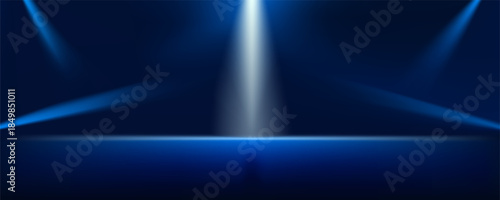 Rays, spotlights light. Empty dark scene with blue light. Asphalt blue dark street with smoke.