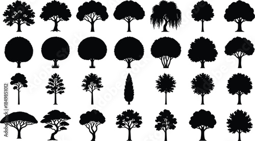 “Black silhouette tree icons collection, natural forest shapes, botanical tree set, vector foliage design, nature illustration elements for graphic use”