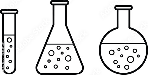 Laboratory glassware icons set featuring test tube, Erlenmeyer flask, and round bottom flask for chemistry experiments education science research