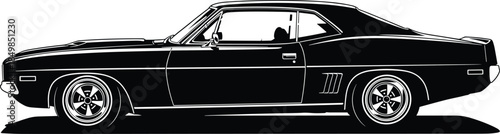 “Classic muscle car silhouette illustration showing vintage automobile side view with bold lines perfect for retro vehicle design and graphic artwork use”