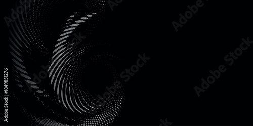 Black abstract background with dynamic white spiral shapes. Futuristic technology template for cover, brochure, banner, and website. Vector illustration EPS. 2