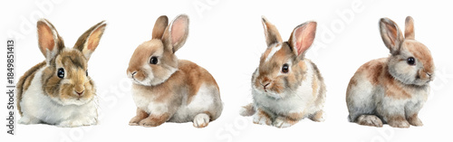 Watercolor set of cute, fluffy bunnies. Fluffy realistic watercolor rabbits on a white isolated background. Symbol of Easter and spring designs. Perfect for Easter card design, children's prints.