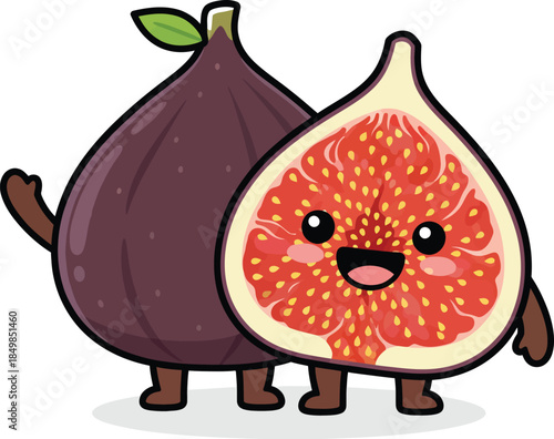 Cute cartoon fig character with smiling face and purple skin