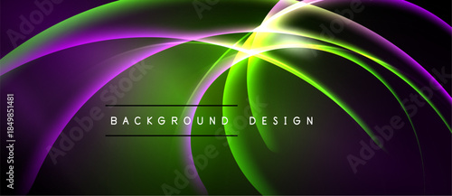 Abstract vibrant waves, purple green hues. Dynamic light streaks create flowing energy, modern design element. Background text present.