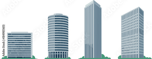 Modern city skyscrapers illustration, office and residential buildings collection flat vector urban architecture skyline isolated design minimal contemporary business concept