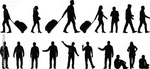 “Silhouette collection of people walking traveling carrying luggage standing talking and sitting in various poses for vector graphic design use”